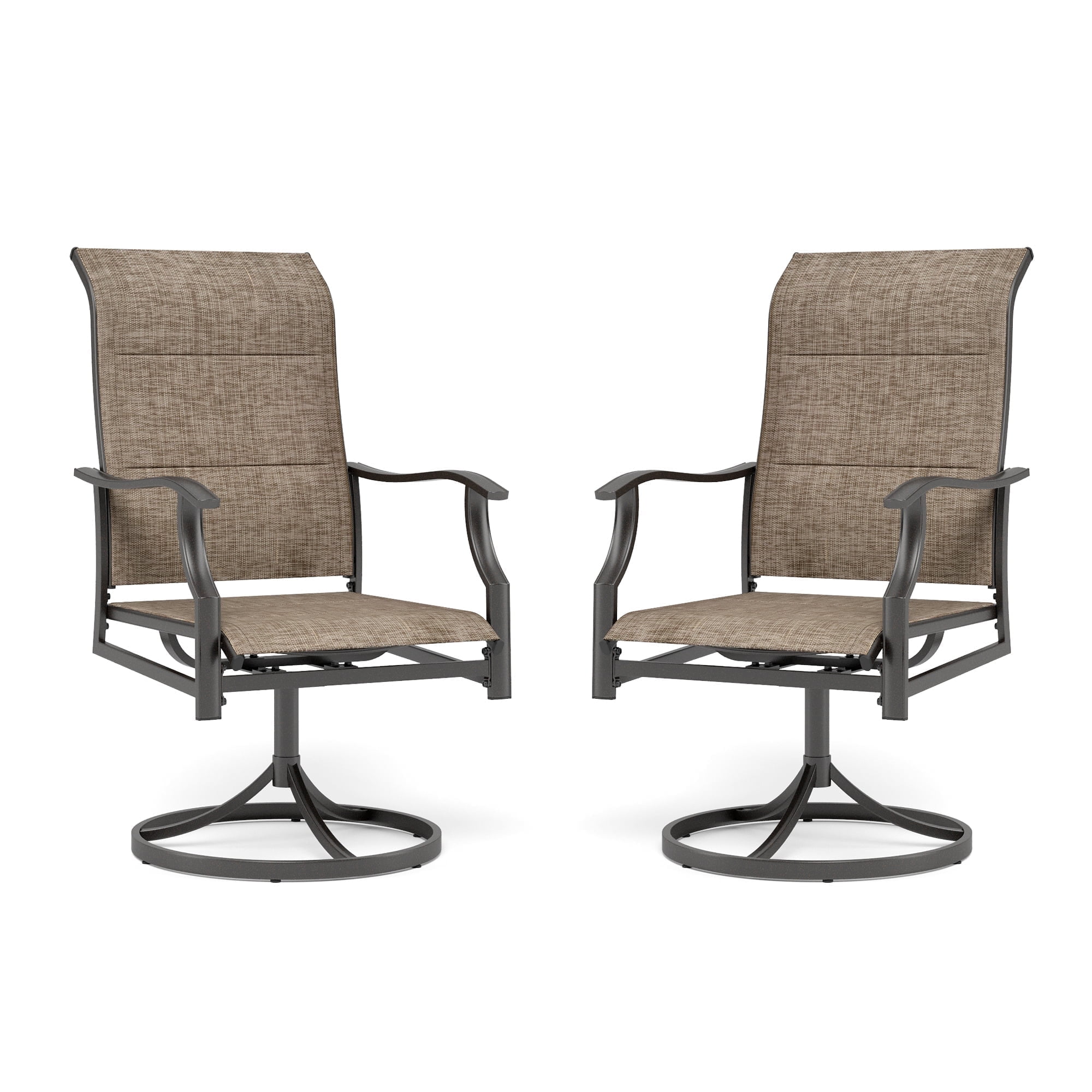 Summit Living 2-Piece Outdoor Metal Steel Dining Swivel Chairs, Textilene Patio High-Back Padded Rocking Chairs, Grayish-brown