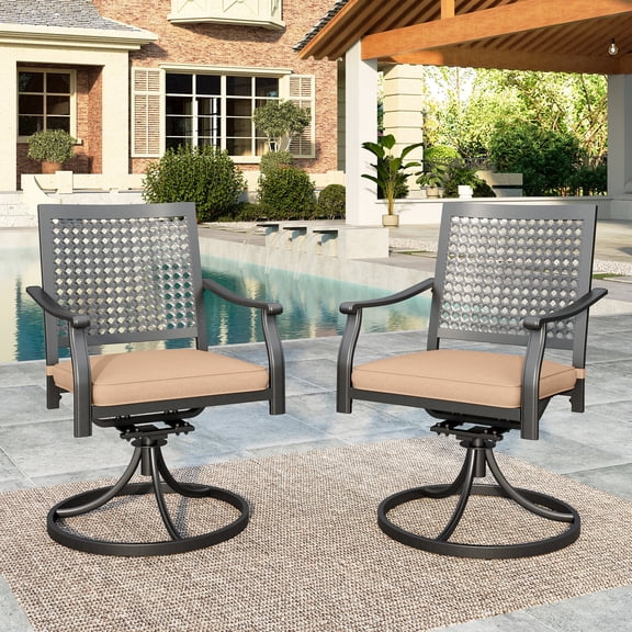SUMMIT LIVING 2-Piece Outdoor Patio Dining Swivel Chairs, Large Metal Steel Armchairs ( Weight Capacity 350 lbs) with Cushions, Black & Brown