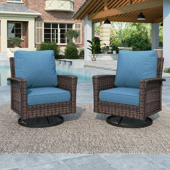 Summit Living 2-Piece Outdoor Swivel Chairs, Wicker Patio Club Lounge Chairs With Backrests & Cushions for Garden, Pool, Porch, Yard, Navy-blue