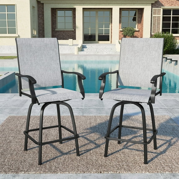 Summit Living High Top 2-Piece Outdoor Swivel Bar Stools, Patio Metal Frame Counter Height Chairs with Quick-Dry Textilene, Black & Gray