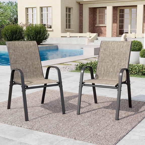 SUMMIT LIVING 2-Piece Textilene Patio Dining Chairs for All Weather, Heavy Duty Outdoor Stackable Chairs, Grayish-brown