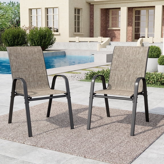 SUMMIT LIVING 2-Piece Textilene Patio Dining Chairs for All Weather, Heavy Duty Outdoor Stackable Chairs, Grayish-brown
