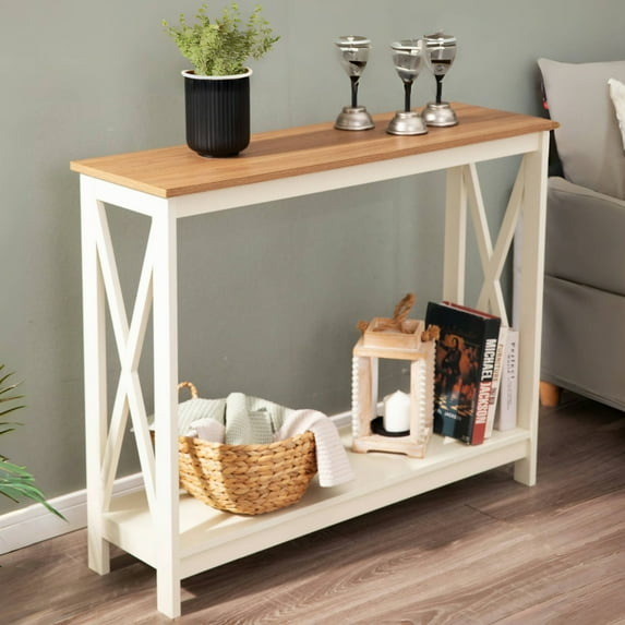 Summit Living 2-Tier Narrow Console Table with Storage Shelf, Farmhouse Entryway Table for Hallway and Living Room, Ivory White
