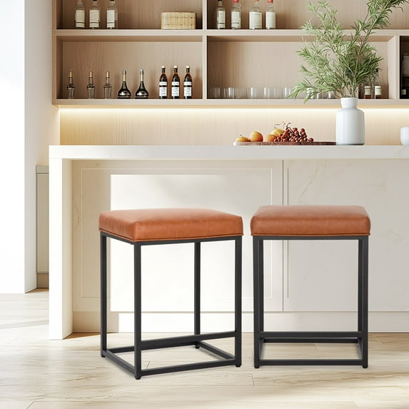 MF Studio 24" Counter Height Bar Stool Set of 2, Upholstered Faux Leather Backless Counter Stool for Kitchen Island, Brown