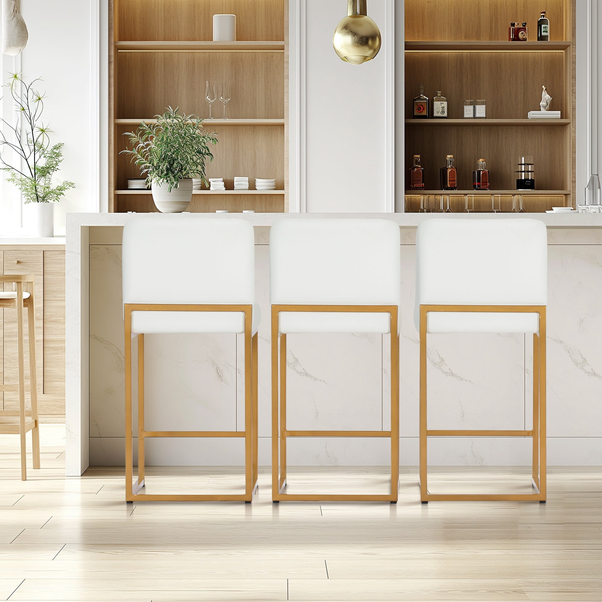 SUMMIT LIVING 24" Counter Height Bar Stool Set of 3, Faux Leather Upholstered Bar Stool with Back, White