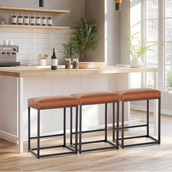 SUMMIT LIVING 24" Counter Height Bar Stool Set of 3, Upholstered Faux Leather Backless Counter Stool for Kitchen Island, Brown