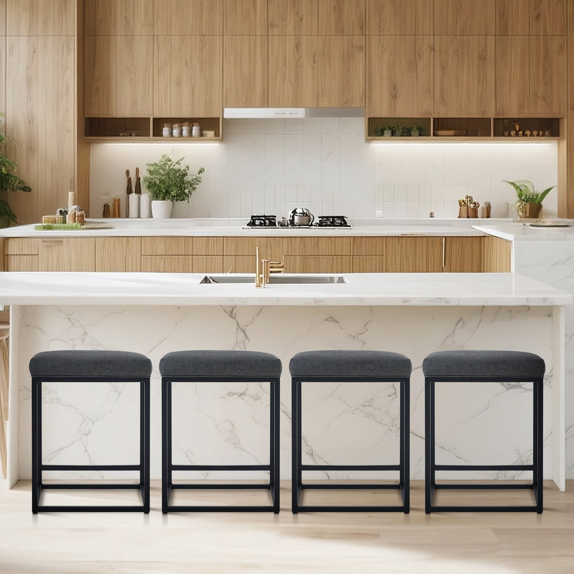 SUMMIT LIVING 24" Counter Height Bar Stool Set of 4, Upholstered Faux Leather Backless Counter Stool for Kitchen Island, Gray