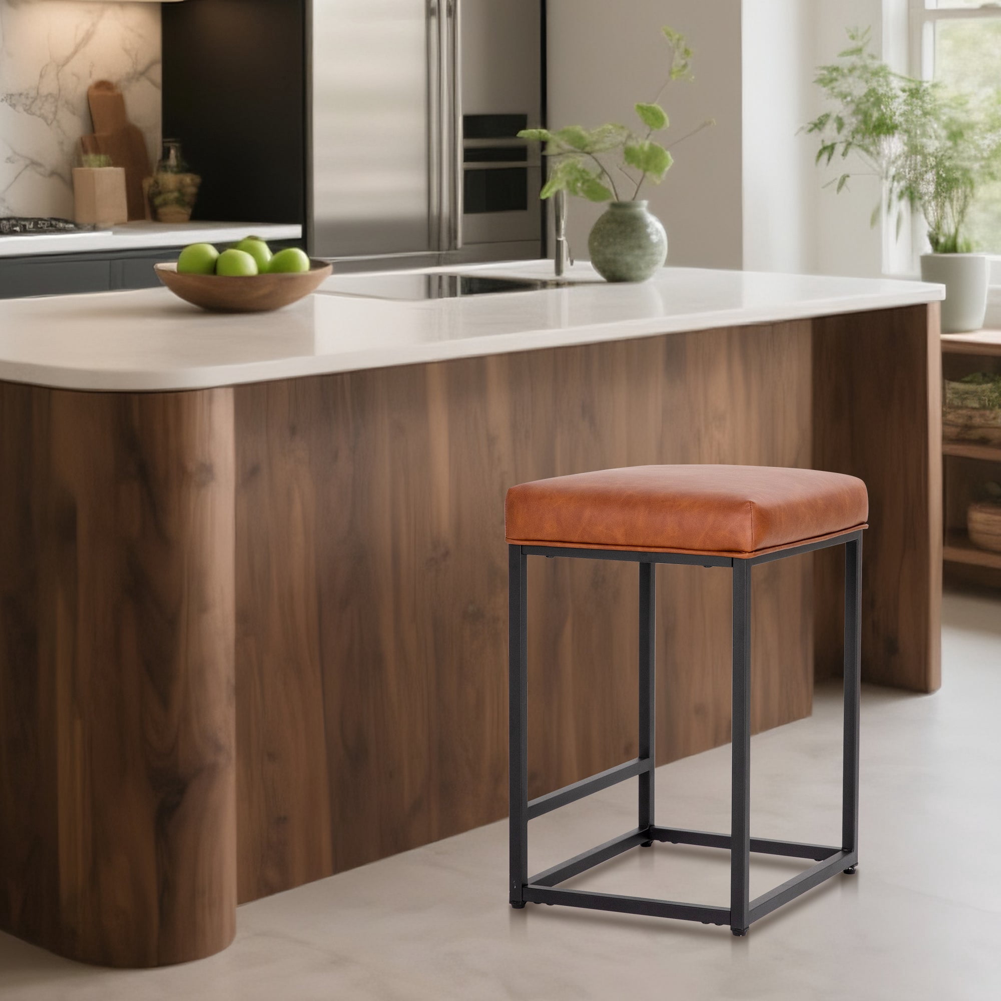 SUMMIT LIVING 24" Counter Height Bar Stool Upholstered Faux Leather Backless Counter Stool for Kitchen Island, Brown