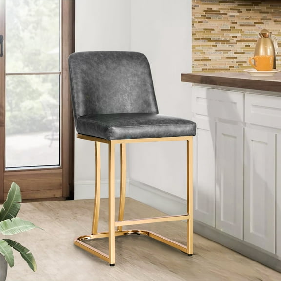 Summit Living 24’’ Counter Height Bar Stools with Back for Kitchen Faux Leather Farmhouse Bar Chairs, Grey & Gold