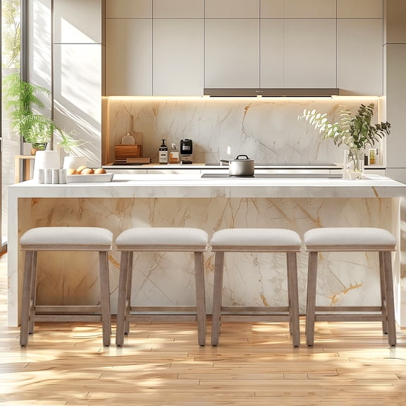 MF Studio 24" Wood Bar Stool, Backless Counter Height Stool with Padded Seat for Kitchen Island, Set of 4, White