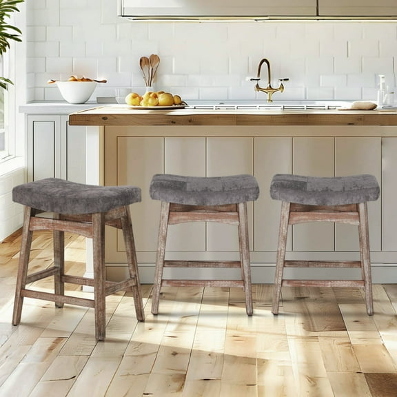 Summit Living 24" Wood Saddle Backless Counter Height Bar Stools for Kitchen, Set of 3, Gray