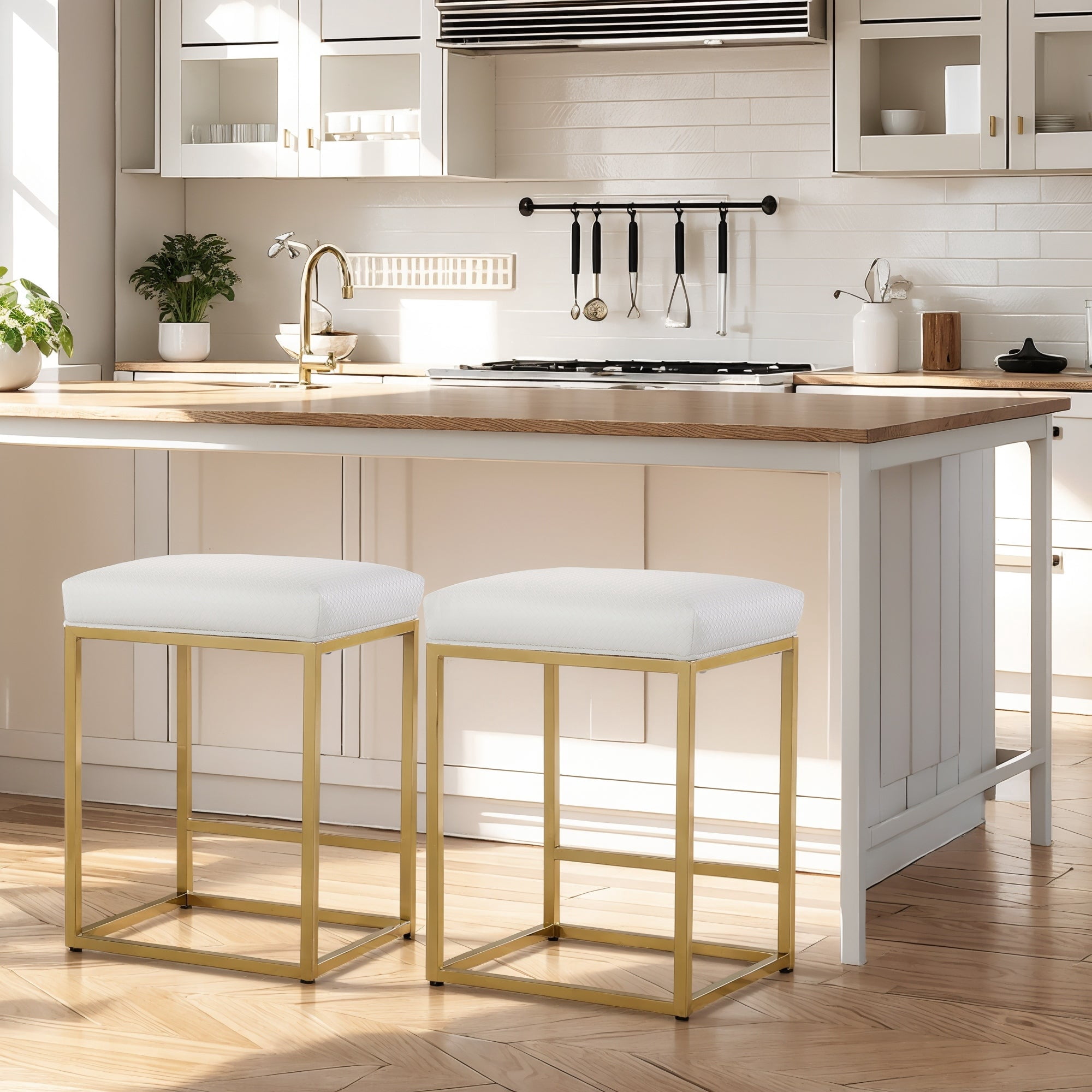 SUMMIT LIVING 24" Counter Height Bar Stool Set of 2, Upholstered Faux Leather Backless Counter Stool for Kitchen Island, Gold and White