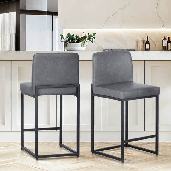 SUMMIT LIVING 24 inch Bar Stools with Back Set of 2 for Kitchen Dining, Faux Leather Counter Stools, Gray