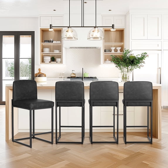 SUMMIT LIVING 24 inch Bar Stools with Back Set of 4 for Kitchen Dining, Faux Leather Counter Stools, Black