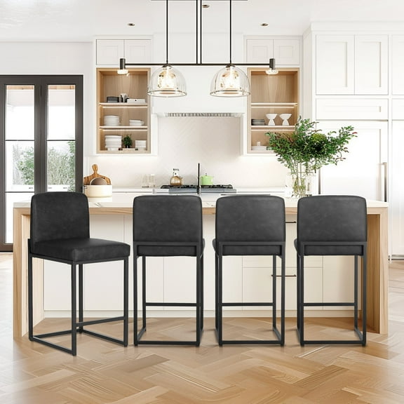 Summit Living 24 inch Bar Stools with Back Set of 4 for Kitchen Dining, Faux Leather Counter Stools, Black
