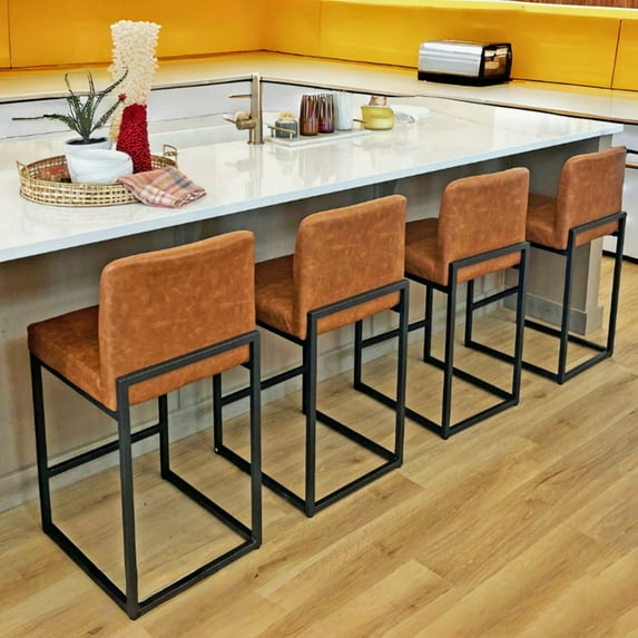 Summit Living 24 inch Bar Stools with Back Set of 4 for Kitchen Dining, Faux Leather Counter Stools, Brown