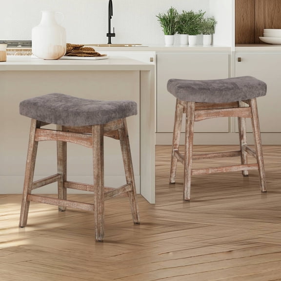 Summit Living 24 inch Counter Height Backless Saddle Wood Bar Stool Set of 2 for Kitchen Counter, Gray