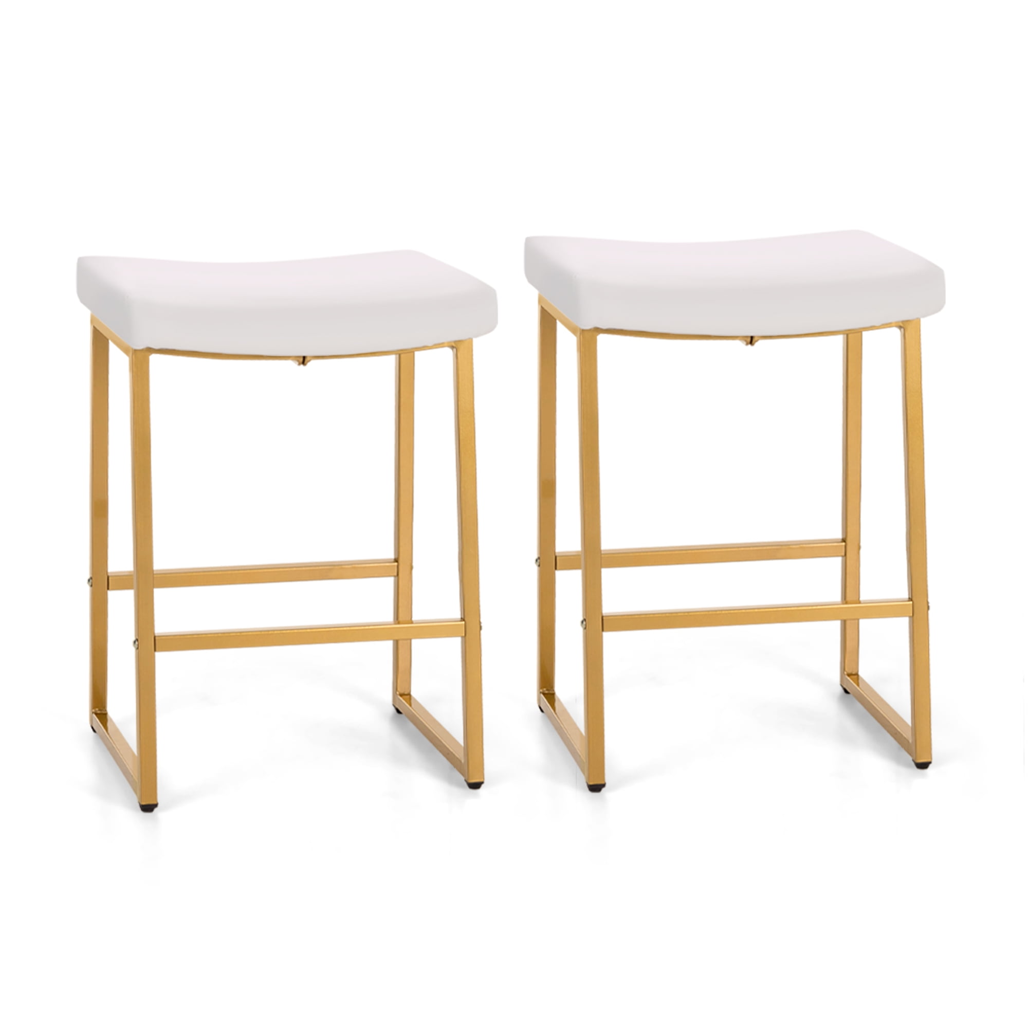 White Faux Leather and Gold Metal Saddle Bar Stools, 26"