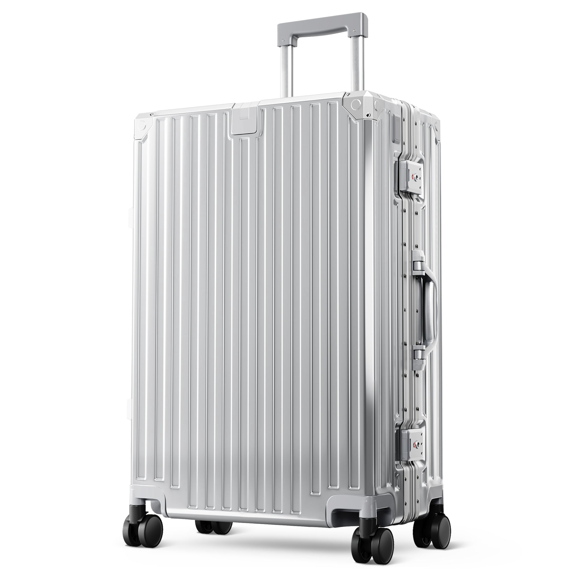 MF Studio 24 inch Checked Luggage, Lightweight PC Hardshell Zipperless Suitcase with Aluminum Frame, TSA locks, Spinner Wheels, USB Charging Port, Cup Holder, Silver Gray