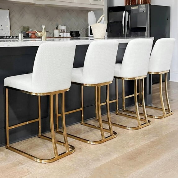Summit Living 24 inch White & Gold Counter Bar Stools Set of 4 with Back for Kitchen Dining, Faux Leather Barstools