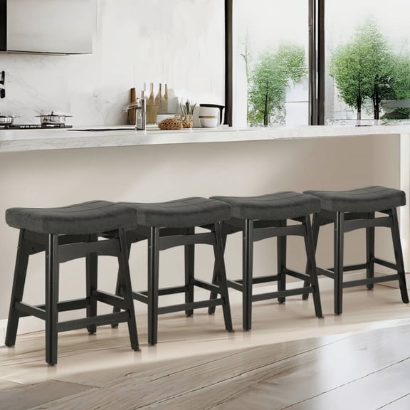 Summit Living 24 inch Wooden Backless Bar Stool Set of 4 for Kitchen, Saddle Faux Leather Counter Height Stools, Black
