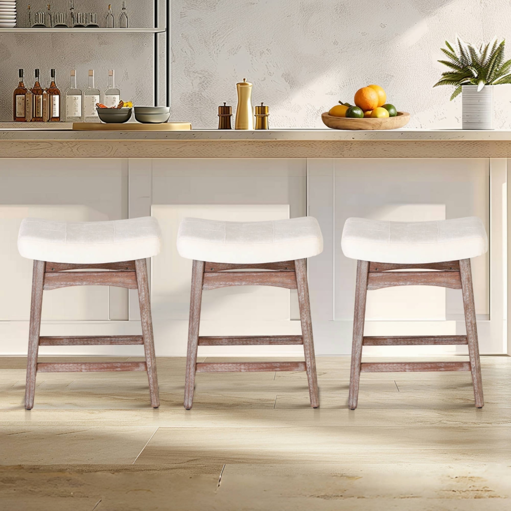 Summit Living 24 inch Wooden Backless Counter Height Bar Stools Set of 3, Linen Saddle Stools Chairs for Kitchen, White