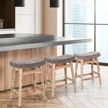 Summit Living 24 inch Wooden Backless Counter Height Bar Stools Set of 3 for Kitchen, Linen Saddle Stool Chairs, Gray