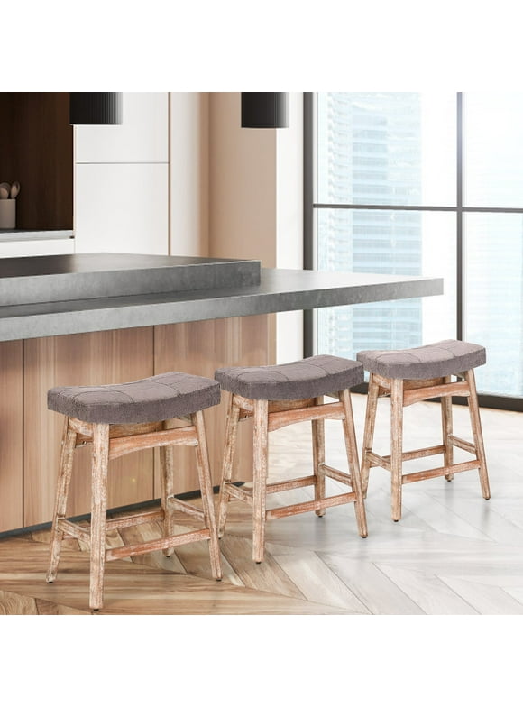 Summit Living 24 inch Wooden Backless Counter Height Bar Stools Set of 3 for Kitchen, Linen Saddle Stool Chairs, Gray