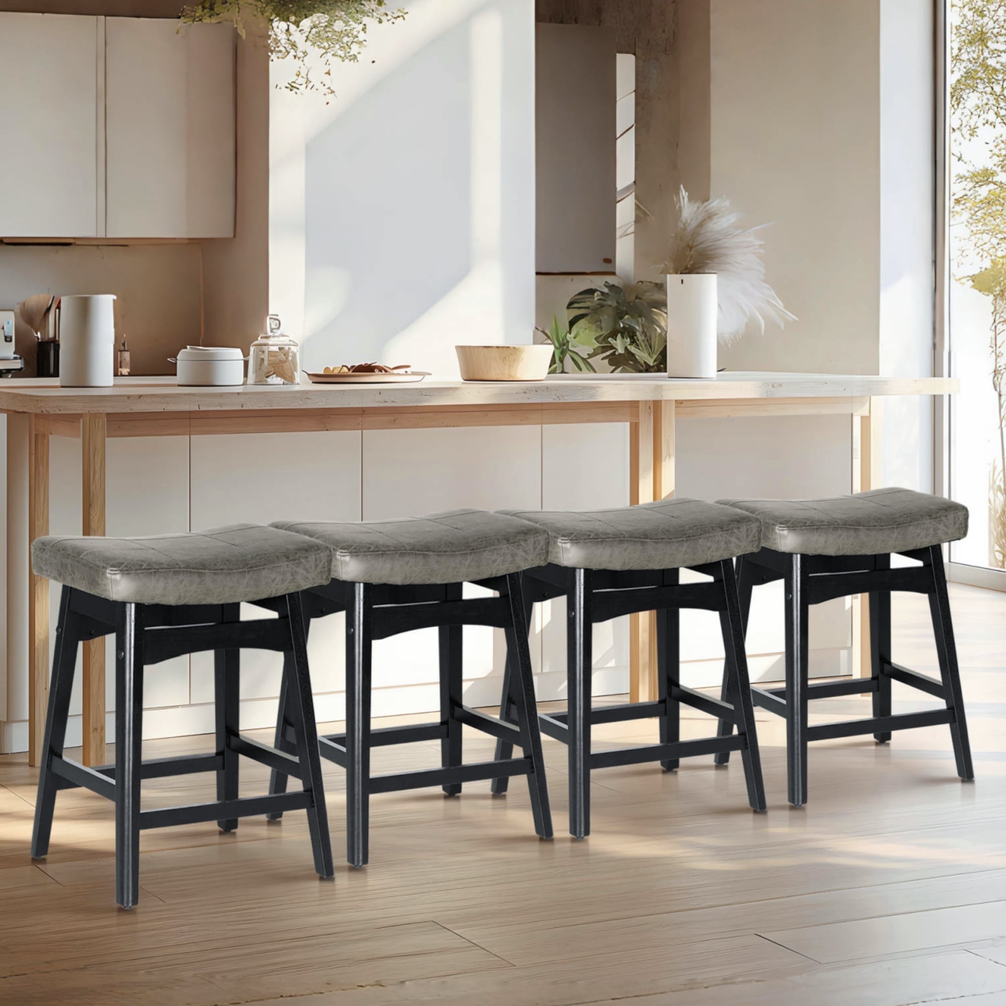Summit Living 24 inch Wooden Backless Saddle Kitchen Stools Set of 4, Faux Leather Counter Height Stool Chairs, Gray