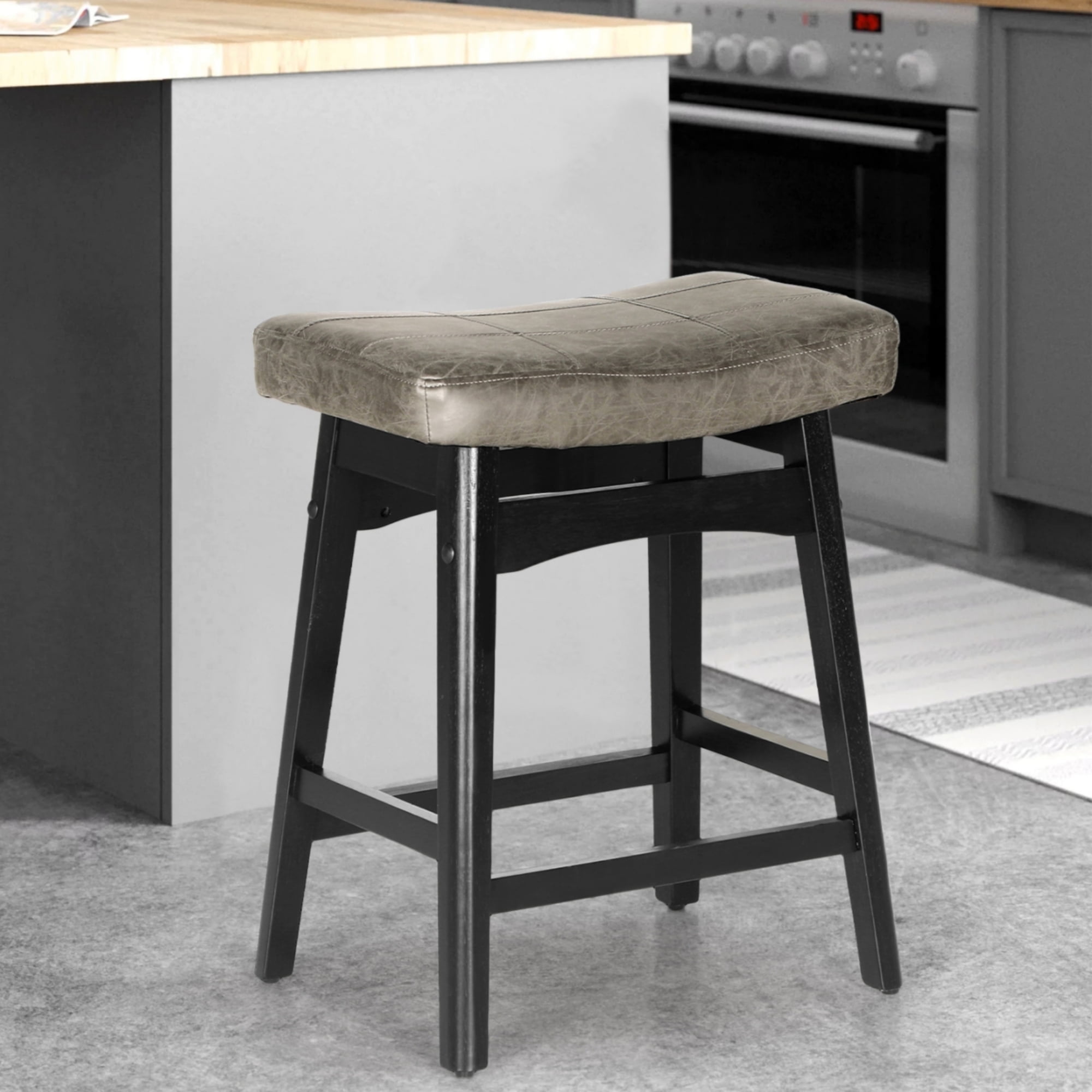 Summit Living 24 inch Wooden Count Stool for Kitchen, Backless Saddle Faux Leather Bar Stool, Gray