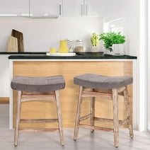Summit Living 24 inch Wooden Saddle Bar Stool Set of 2 for Kitchen Counter,  Linen Backless Counter Height Stools, Gray