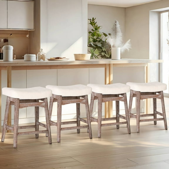 MF Studio 24 inch Wooden Saddle Bar Stool Set of 4 for Kitchen, Linen Backless Counter Height Counter Stool, White