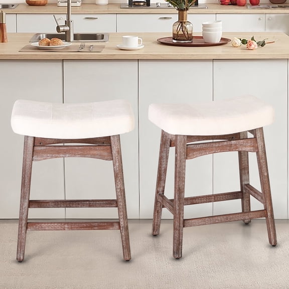 Summit Living 24 inch Wooden Saddle Bar Stools for Kitchen Set of 2, Linen Backless Counter Height Stool, White