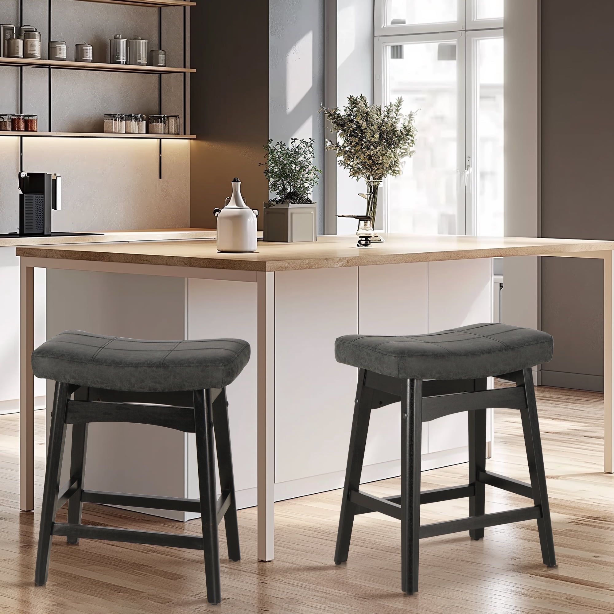 Summit Living 24 inch Wooden Saddle Counter Stool Set of 2 for Kitchen, Faux Leather Backless Bar Stool, Black