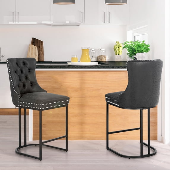 Summit Living 26 inch Bar Stools Set of 2, Button Back Faux Leather Bar Chairs with Nailhead Trim for Kitchen Dining, Black