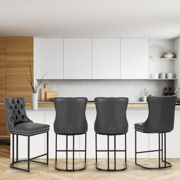 Summit Living 26 inch Counter Stools Set of 4, Faux Leather Button Back Bar Stool with Nailhead Trim for Kitchen, Black