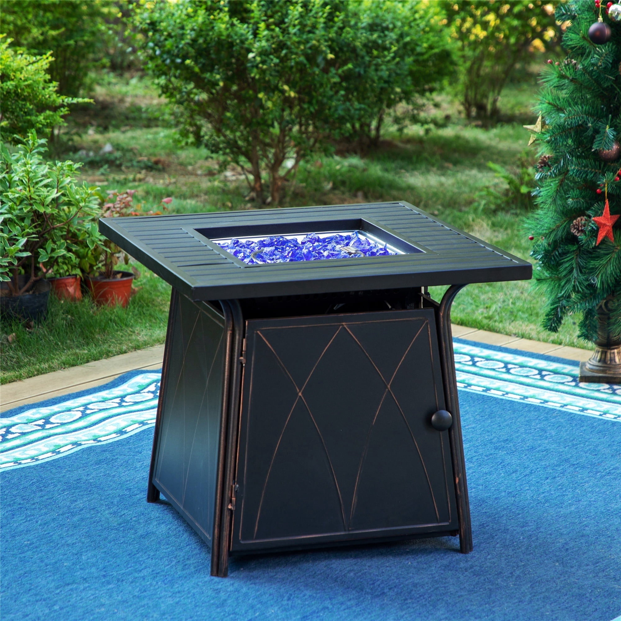 SUMMIT LIVING 28" Propane Gas Fire Pit Table with 50,000 BTU Heat Output & Blue Fire Glass & Lid, Black