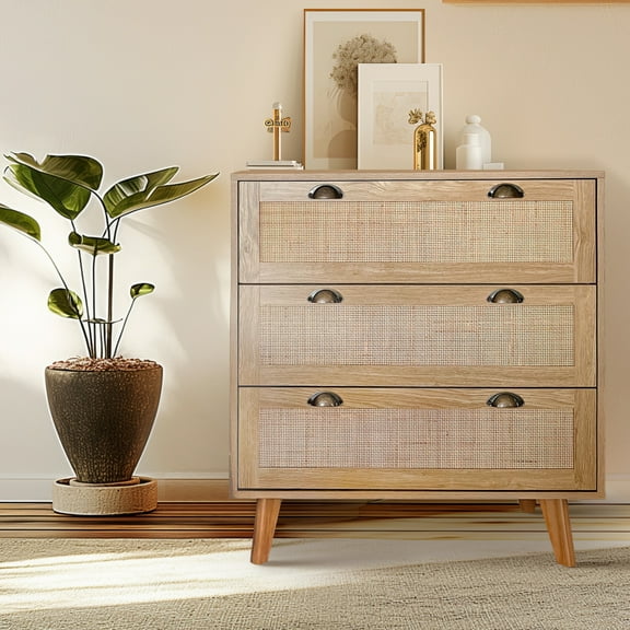 Summit Living 3-Drawer Dresser & Bedside Table for Bedroom and Living Room, Rattan