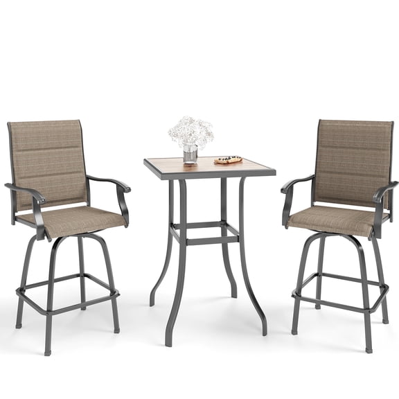 Summit Living 3-Piece Outdoor Patio Bar Stool Bistro Set, 1 Metal Bar Table and 2 Padded Bar Stool, Black & Brown