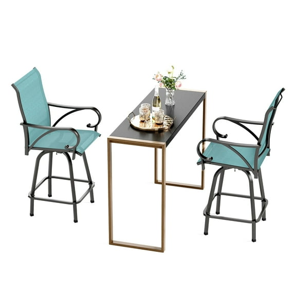 Summit Living 3-Piece High Top Outdoor Patio Swivel Bar Stools with Table Set, Metal Counter Height Bistro Set, Black & Aqua