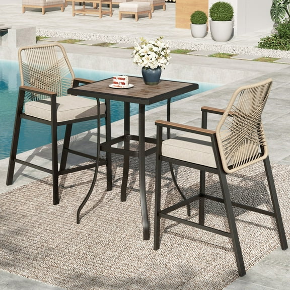 Summit Living 3-Piece Outdoor Patio Bar Set, All-Weather Rattan Bistro Set Dining Set with Removable Cushions, Square Bar Table