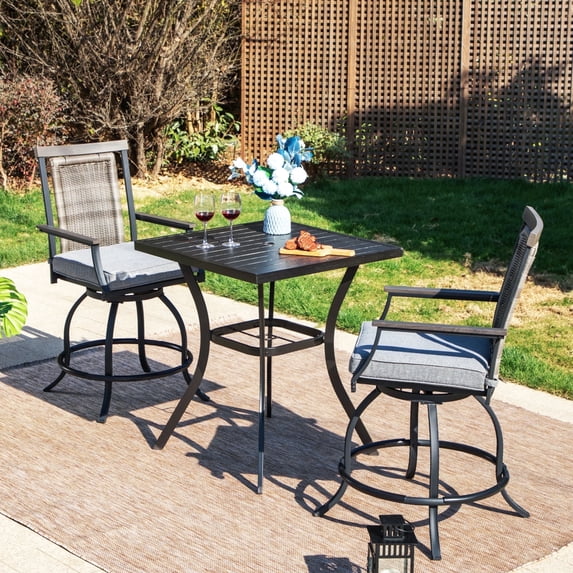 SUMMIT LIVING 3-Piece Outdoor Patio Bar Stool Set with High-Back Wicker Cushioned Swivel Chairs & Counter Height Patio Dining Table, Black & Gray