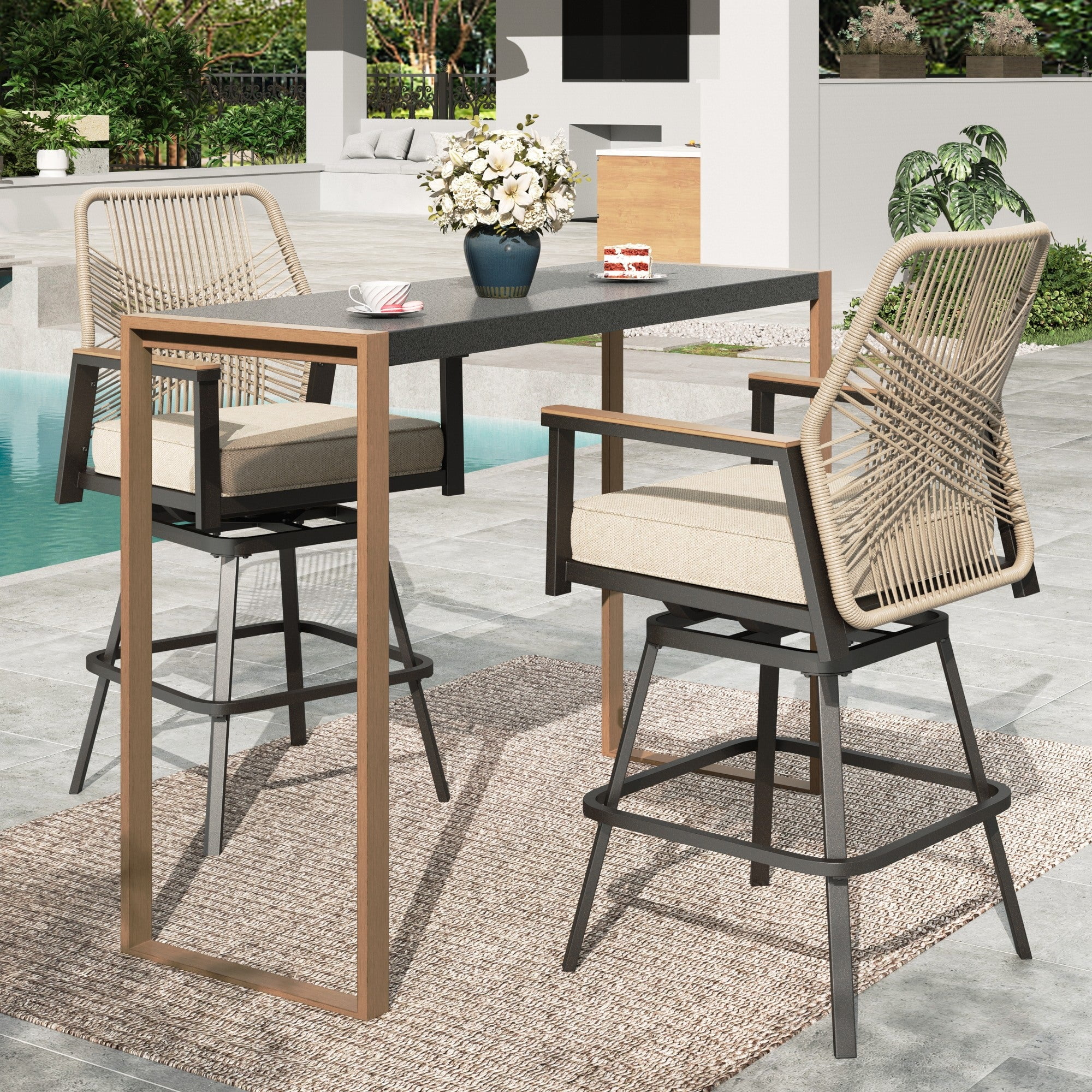 MF Studio 3-Piece Outdoor Patio Swivel Bar Set, All-Weather Rattan Bistro Set Dining Set with Removable Cushions, 55” Rectangle Bar Table