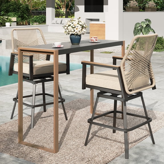 Summit Living 3-Piece Outdoor Patio Swivel Bar Set, All-Weather Rattan Bistro Set Dining Set with Removable Cushions, 55” Rectangle Bar Table