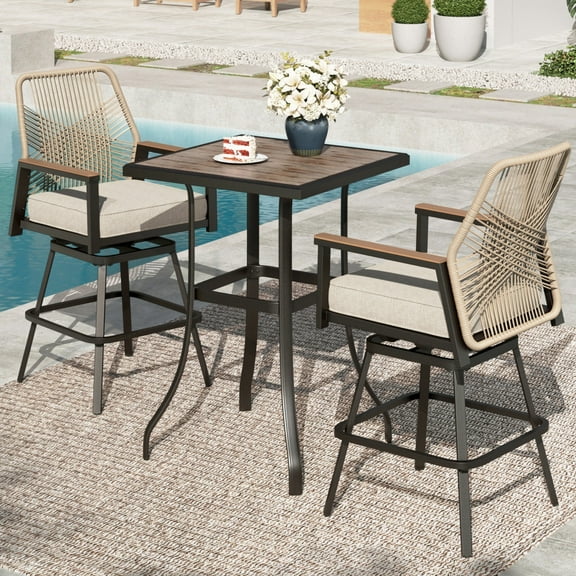 MF Studio 3-Piece Outdoor Patio Swivel Bar Set, All-Weather Rattan Bistro Set Dining Set with Removable Cushions, Square Bar Table