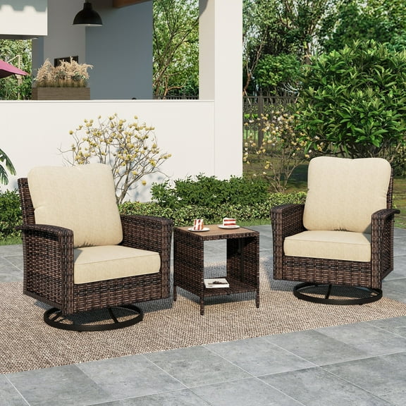 Summit Living 3-Piece Outdoor Swivel Glider Chairs Set with Coffee Table, Wicker Patio Club Lounge Chairs With Backrests & Cushions, Beige