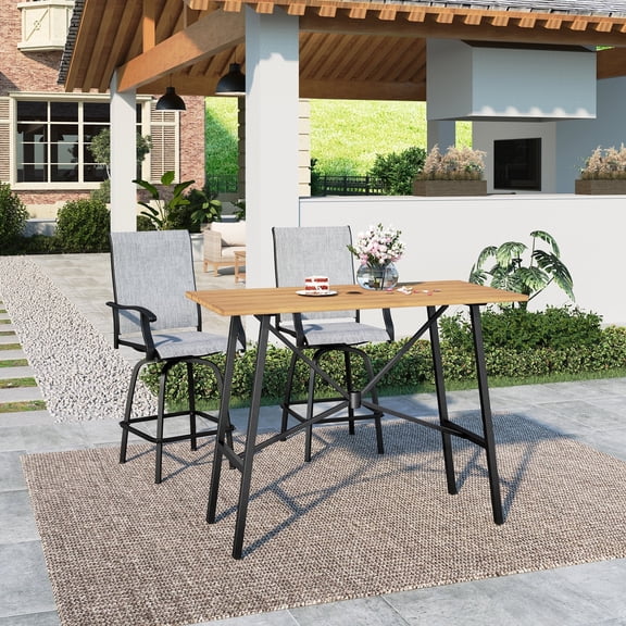 Summit Living 3-Piece Outdoor Swivel Bar Stool Bistro Set with 2 Patio Metal Bar Stool Height Chairs and 1 Bar Table, Black & Gray