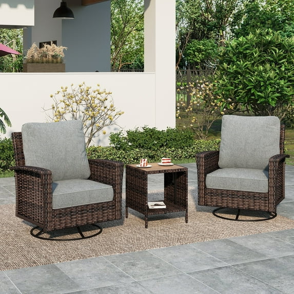 Summit Living 3-Piece Outdoor Swivel Glider Chairs Set with Coffee Table, Wicker Patio Club Lounge Chairs With Backrests & Cushions, Gray