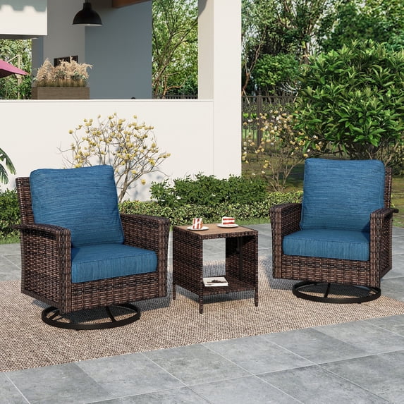 Summit Living 3-Piece Outdoor Swivel Glider Chairs Set with Coffee Table, Wicker Patio Club Lounge Chairs With Backrests & Cushions, Peacock-blue