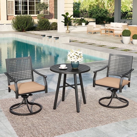 Summit Living 3-Piece Patio Furniture Set, Outdoor Bistro Set with Round Coffee Table and Swivel Chairs with Cushions, Black & Beige